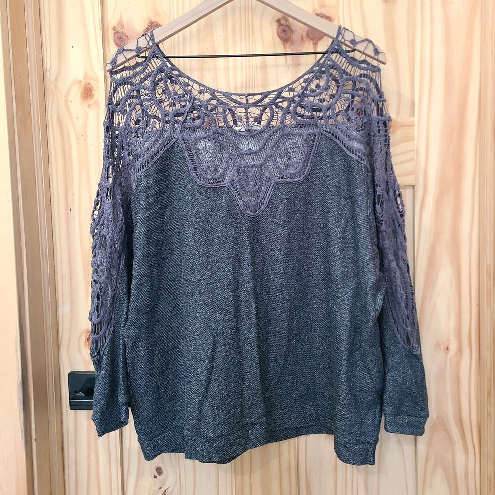 Molly Green Open Knit Crochet Long Sleeve Top Boho Chic Cottagecore Size M/L